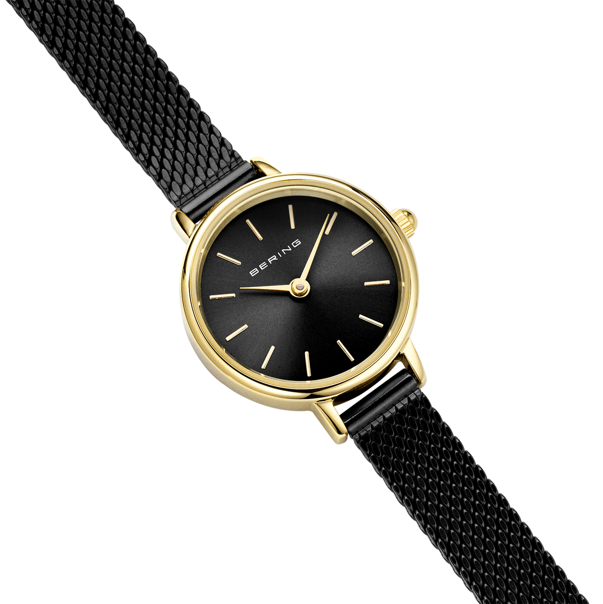 Round BERING wristwatch at angled view: gold case, black dial with thin hour markers, gold-tone hands, black mesh band.
