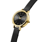 Gold-tone wristwatch with round case, black dial, minimal index markers, and black mesh band