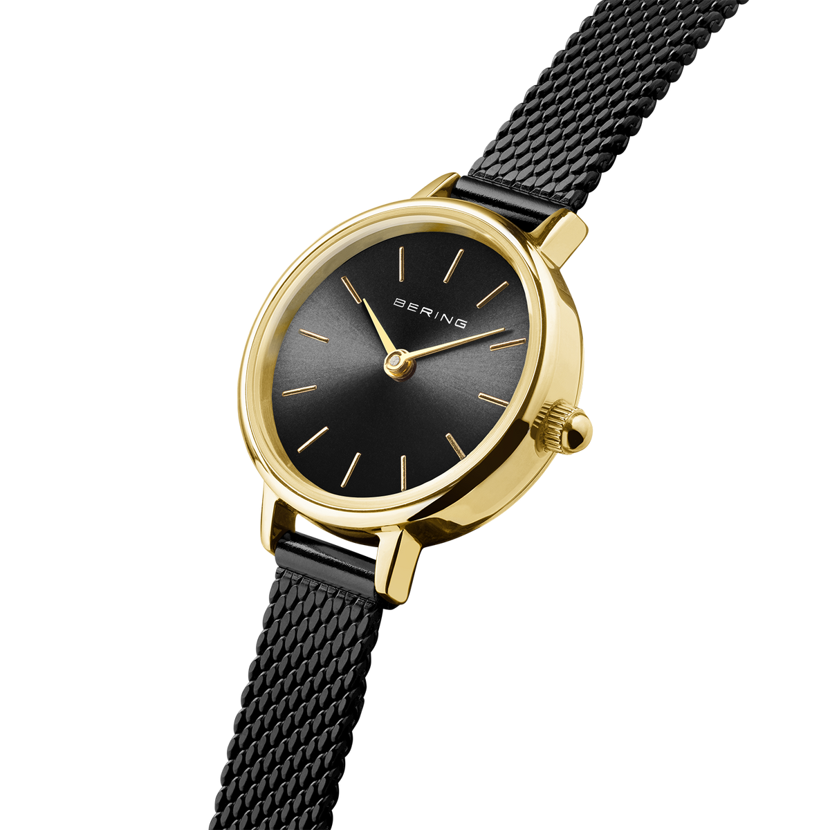 Gold-tone wristwatch with round case, black dial, minimal index markers, and black mesh band