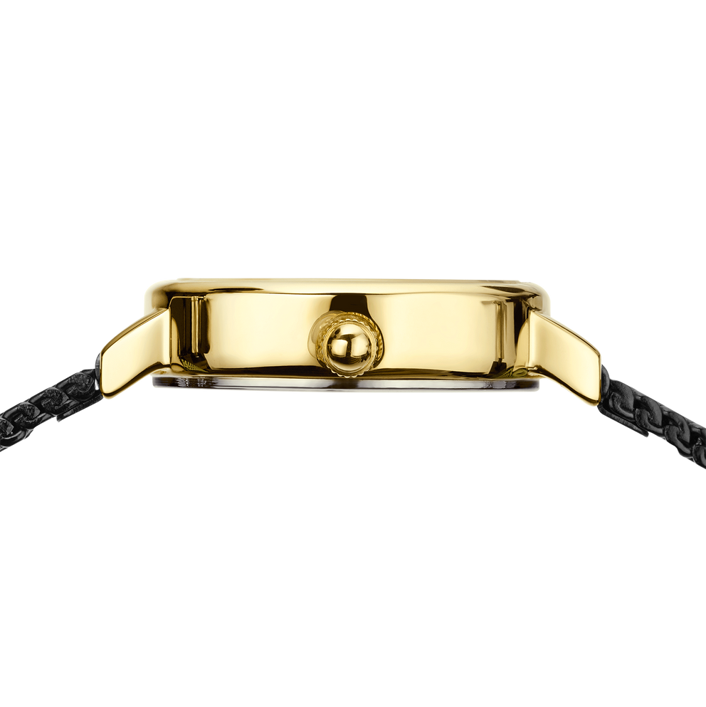 Gold-toned watch case with black leather strap, viewed from above