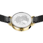 Watch with world map dial, gold case, and black mesh band