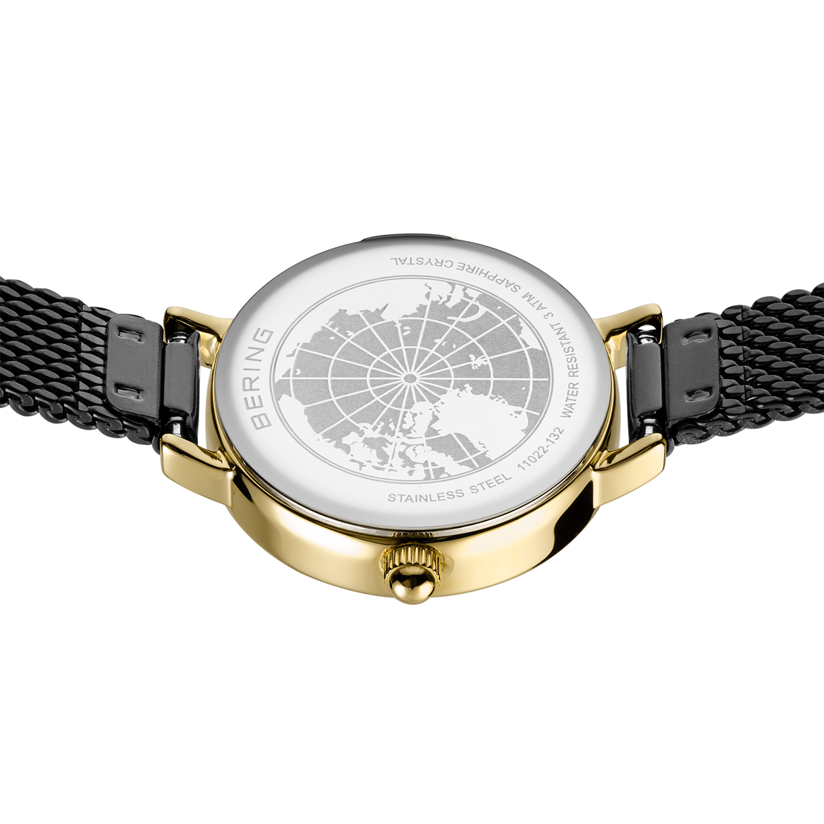 Watch with world map dial, gold case, and black mesh band