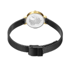 BERING 11022-132 watch viewed from behind, showing black mesh bracelet with rectangular push-clasp and gold-plated case bezel