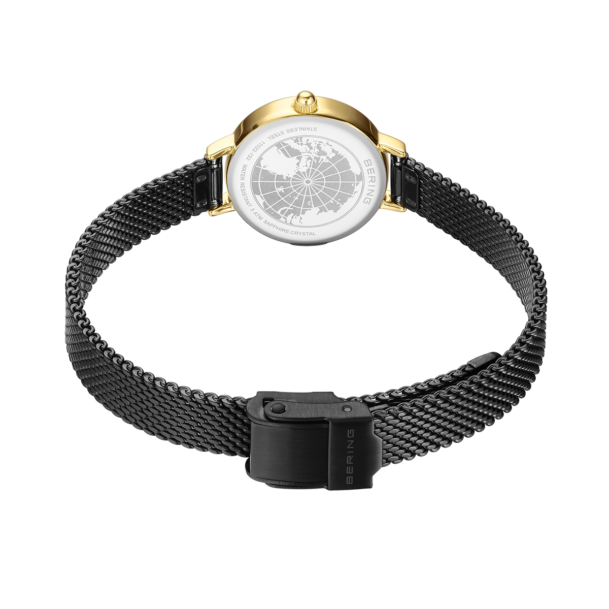 BERING 11022-132 watch viewed from behind, showing black mesh bracelet with rectangular push-clasp and gold-plated case bezel