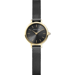 Reloj redondo con esfera negra, bisel dorado y correa de malla con detalles dorados.