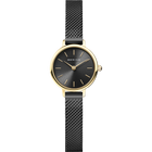 Round black-dial watch with gold bezel, applied indexes, and mesh band with gold accents.