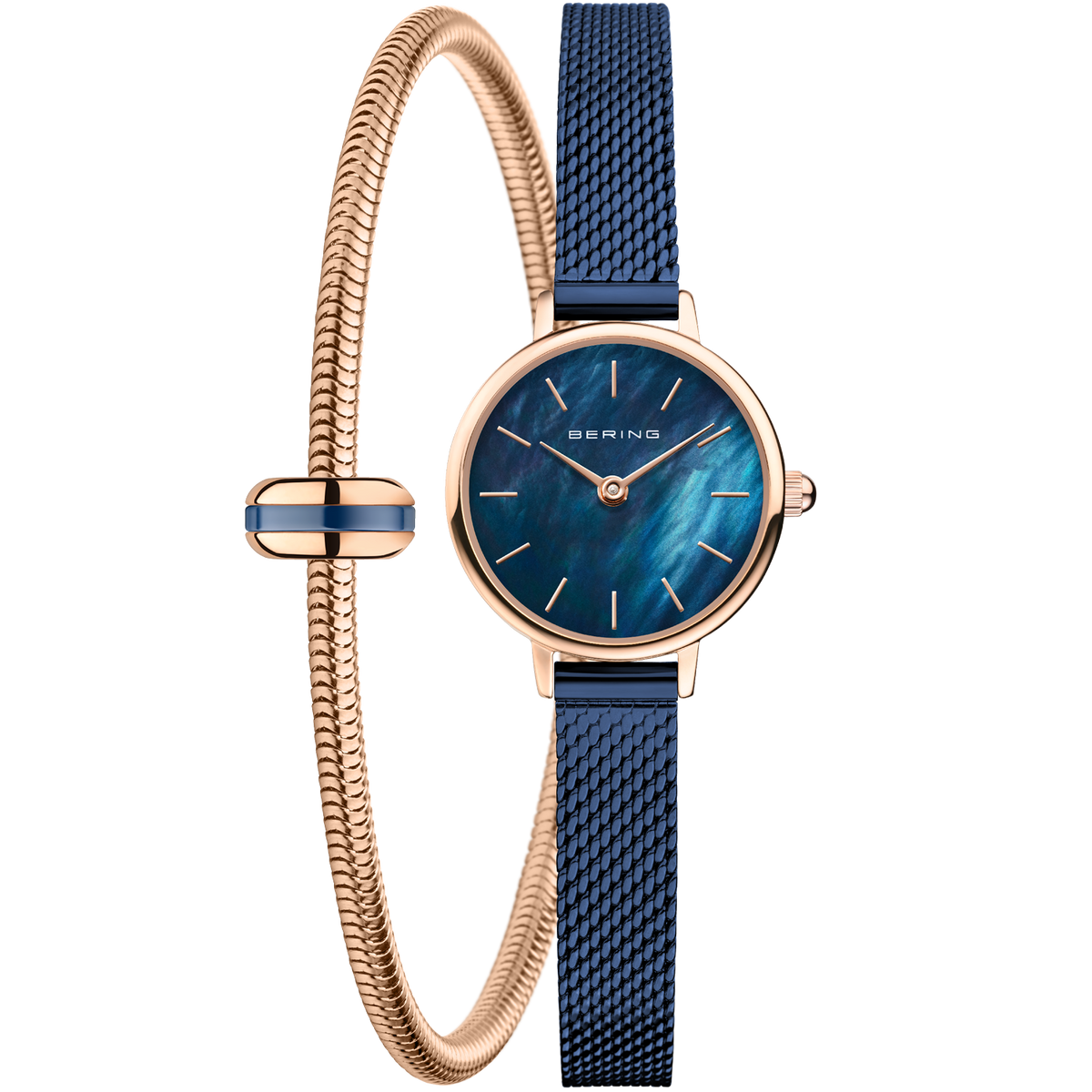 BERING watch with navy dial and rose gold case displayed with navy mesh and rose gold metal interchangeable straps
