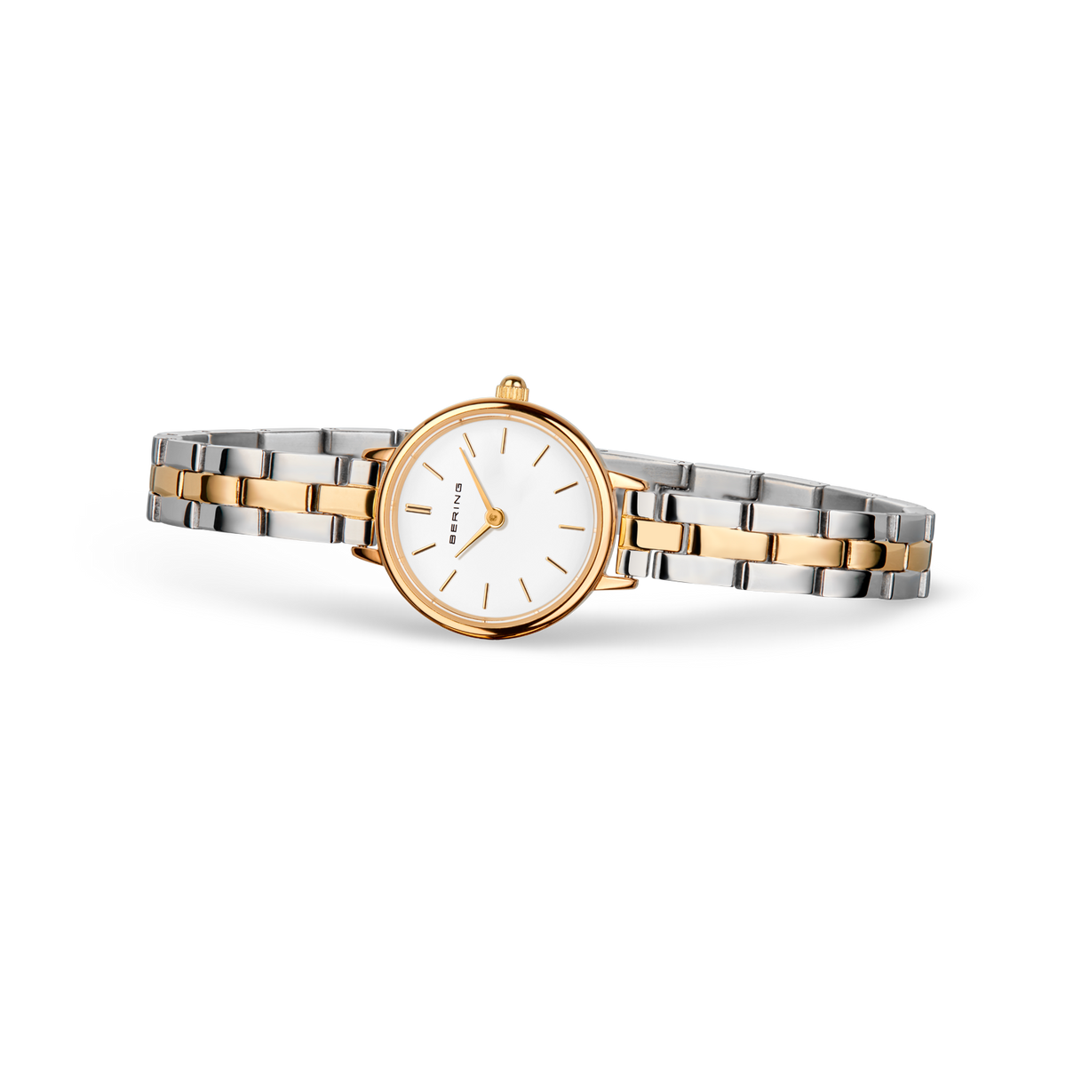 Montre BERING avec bracelet deux-tons or rose et acier, cadran blanc avec index épurés, vue de face.