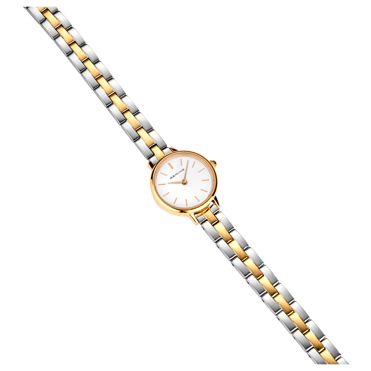 Bracelet deux tons argent et or avec boîtier de montre or rose, vue diagonale sur fond blanc