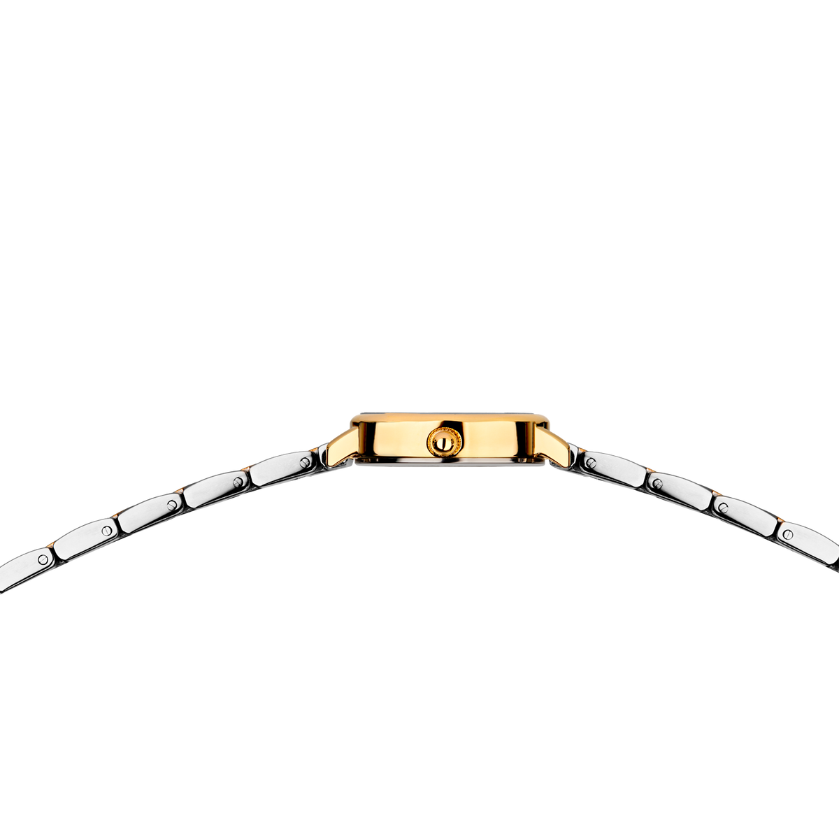 Montre rectangulaire dorée avec logo central et bracelet mailles deux tons.