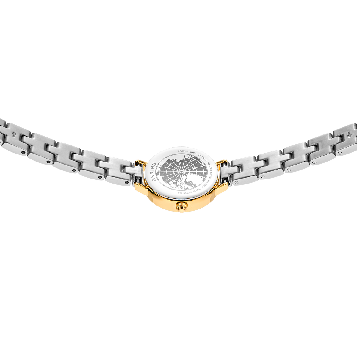 Montre à bracelet deux tons argent et or, motif de mailles rectangulaires vue de face