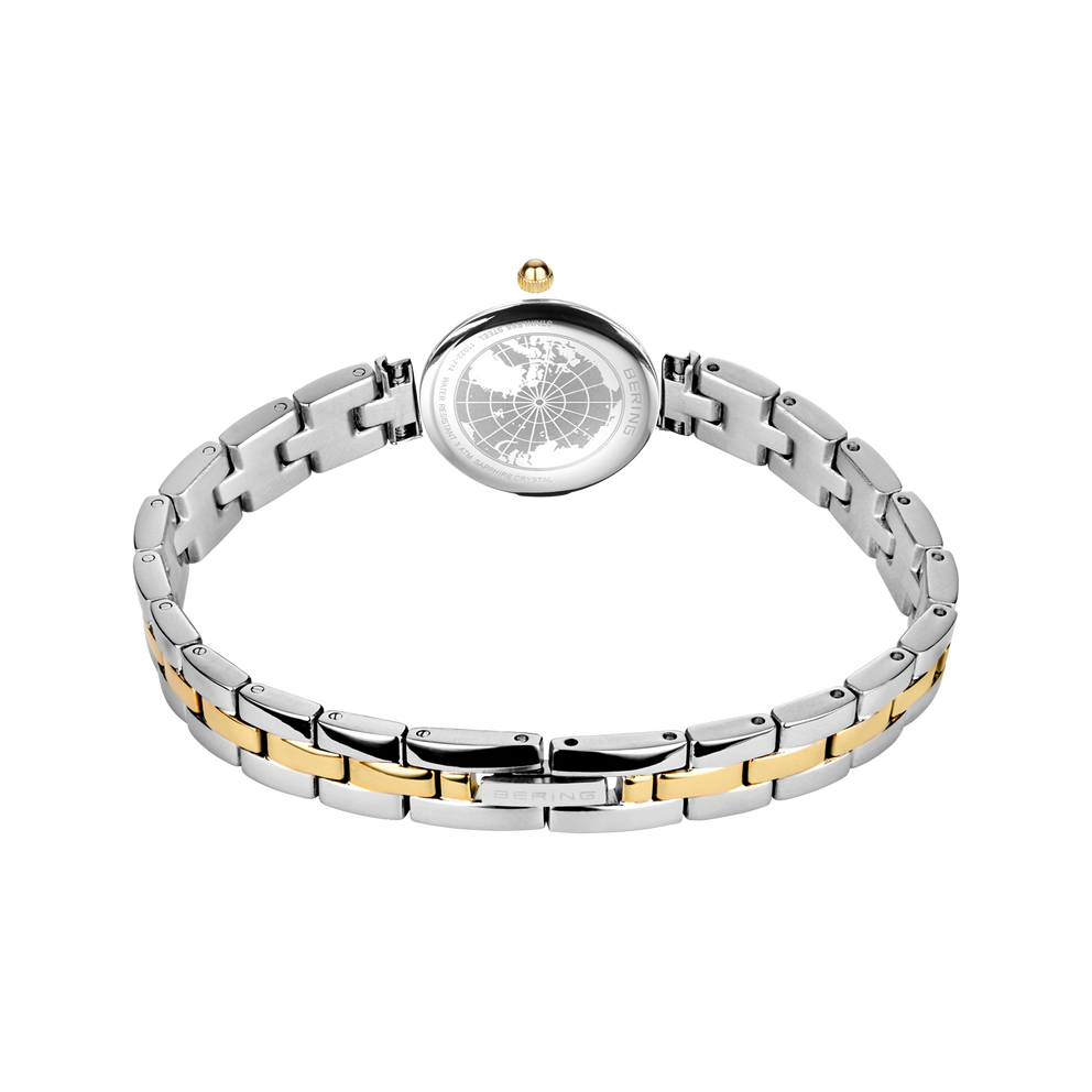 Bracelet BERING deux tons en acier inoxydable avec cadran rond, vue de dos.