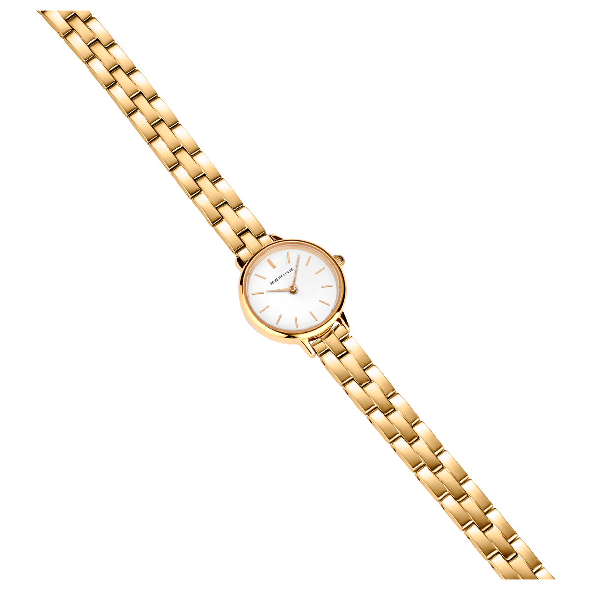 Goudkleurig horloge model 11022-734 met rond uurwerk en schekelarmband, diagonaal weergegeven.