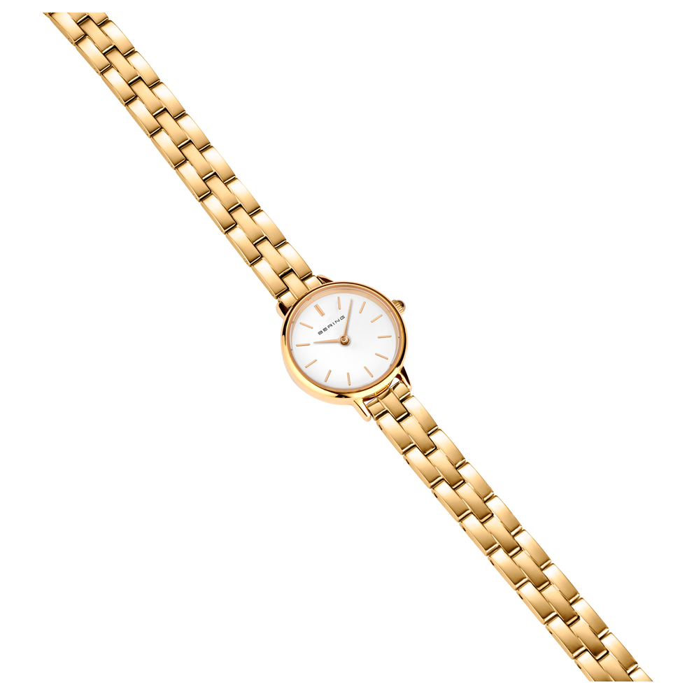 Goudkleurig horloge model 11022-734 met rond uurwerk en schekelarmband, diagonaal weergegeven.