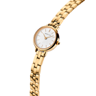 Goudkleurig polshorloge met metallic schakelbracelet en witte wijzerplaat, schuin weergegeven.