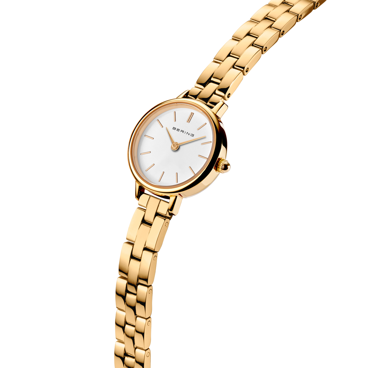 Goudkleurig polshorloge met metallic schakelbracelet en witte wijzerplaat, schuin weergegeven.