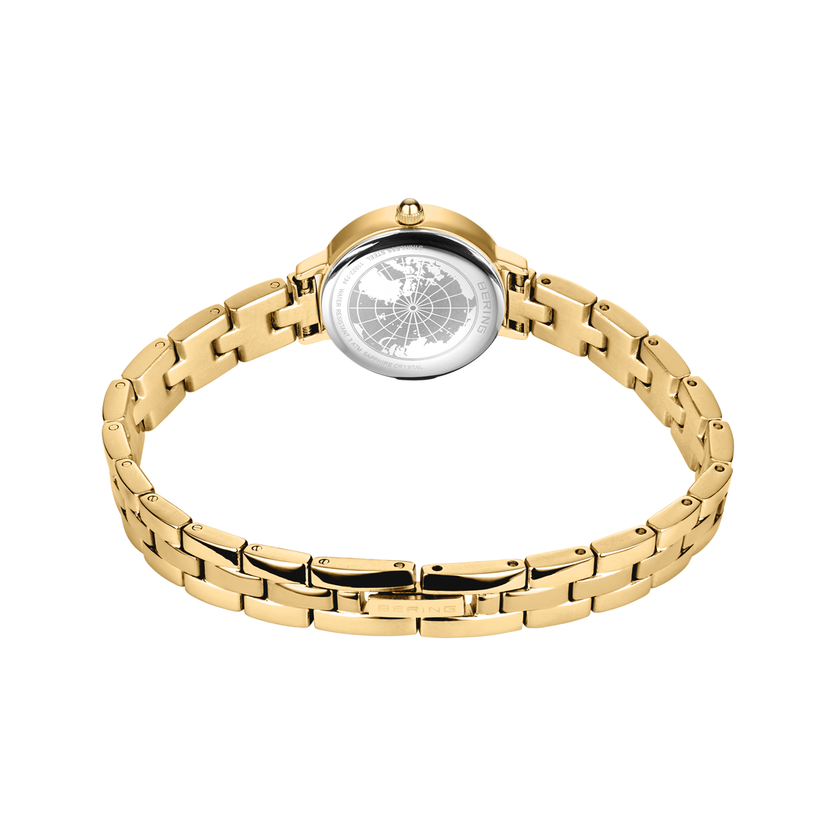 Goudkleurig armband-horloge met schakelband en zilveren wijzerplaat, bovenaanzicht