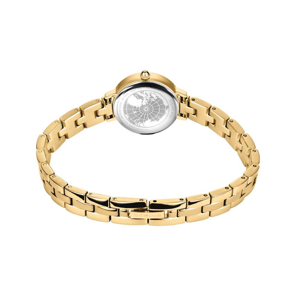 Goudkleurig armband-horloge met schakelband en zilveren wijzerplaat, bovenaanzicht