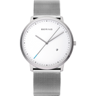 BERING horloge met zilveren metalen kast, witte wijzerplaat, minimalistisch wijzerdesign en roestvrij stalen mesh band