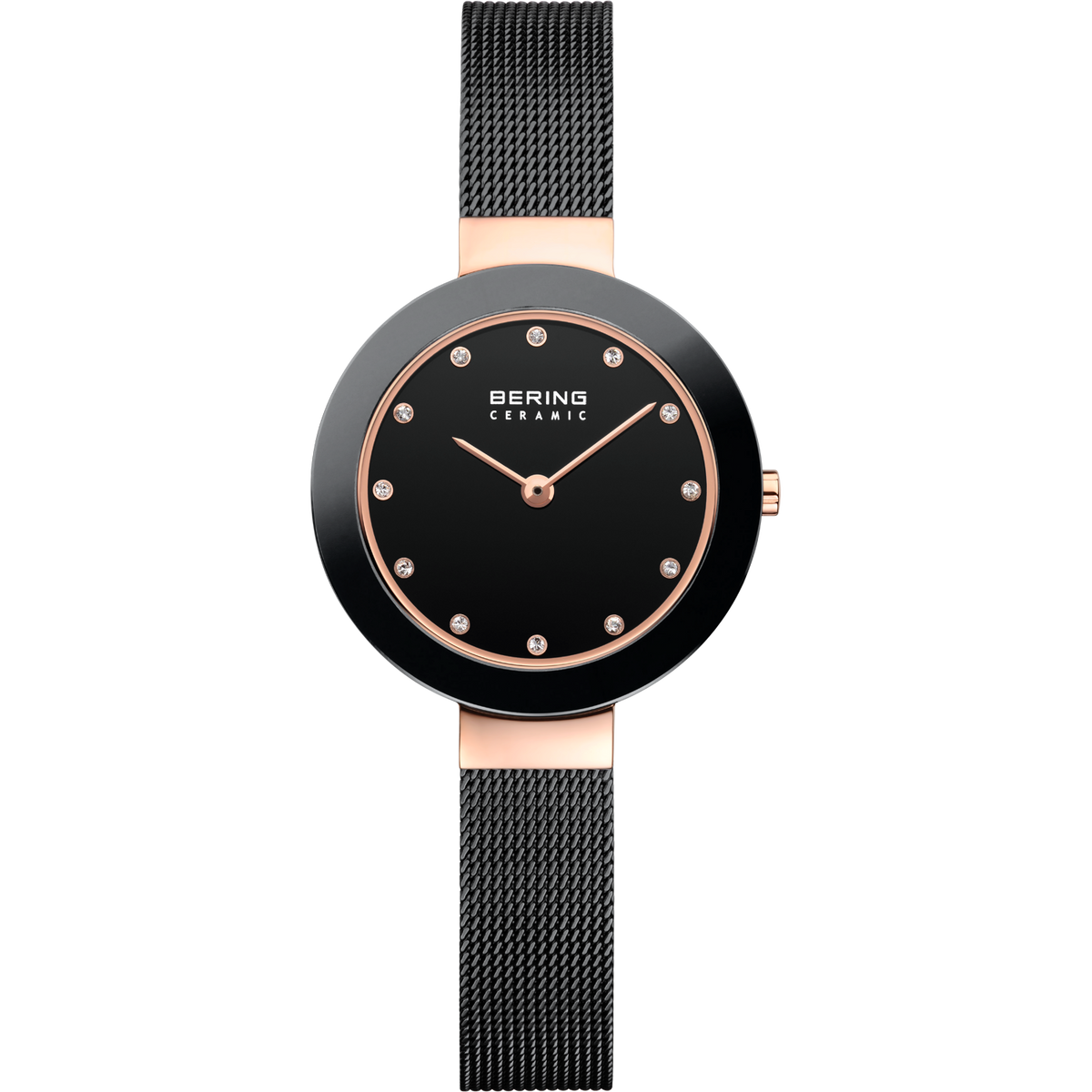 Orologio BERING con quadrante nero, cassa color oro rosa e cinturino mesh nero, foto prodotto