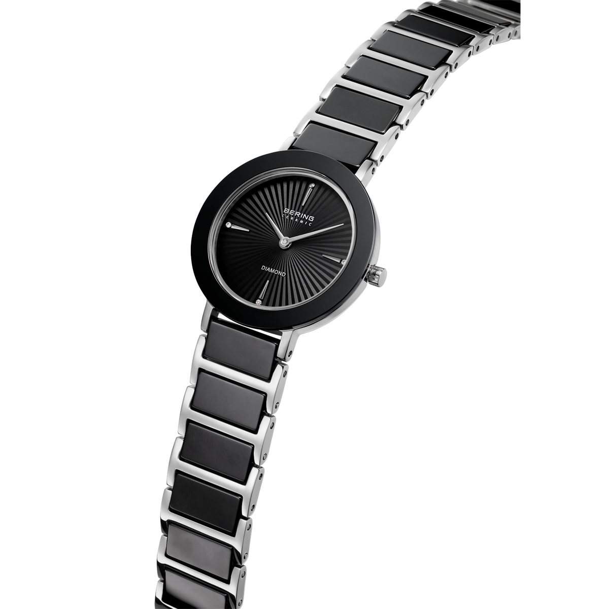 Orologio da polso nero con quadrante rotondo e indici radiali, bracciale a maglie bicolore nero e argento