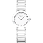 Orologio BERING con quadrante bianco rotondo, indici puntini, cinturino tre maglie argentato, fotografato dall'alto.
