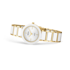 Orologio visualizzato ad angolo con cassa e cinturino bicolore oro e argento, quadrante rotondo