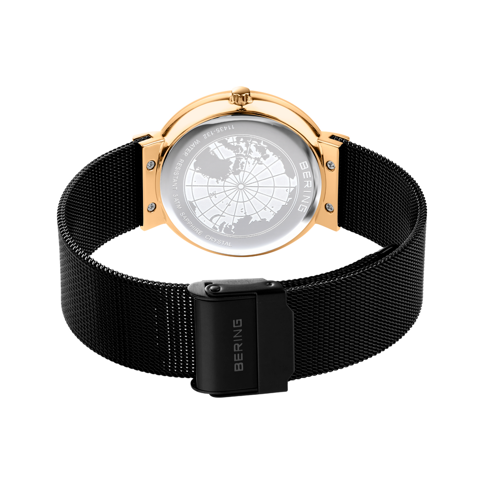 Montre-bracelet BERING avec boîtier or rose et bracelet maille noir, vue de dos avec cadran carte du monde