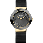 Montre-bracelet à cadran rond gris foncé, aiguilles dorées, index radiaux et bracelet maille noire.