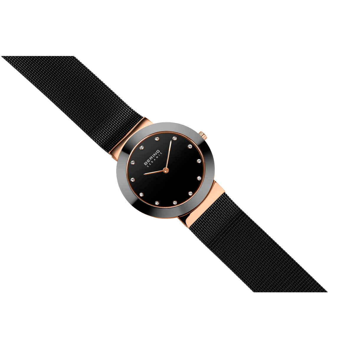 Orologio con quadrante nero, cassa tono oro rosa, e cinturino nero tessuto in vista angolare