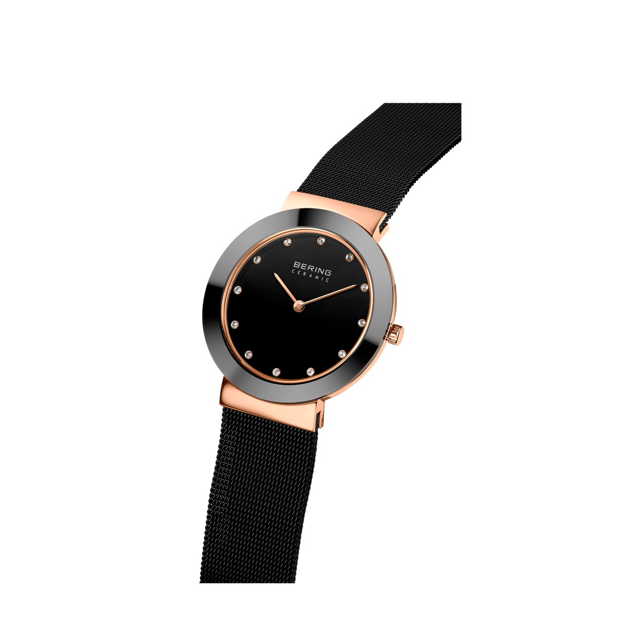Orologio BERING con cassa in oro rosa, quadrante nero e cinturino nero a maglia