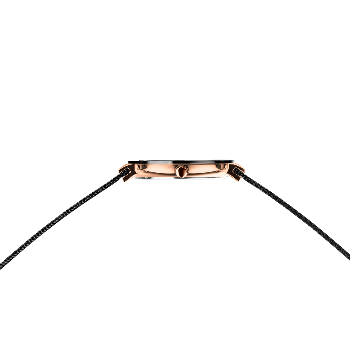 Orologio visto di profilo con cassa in oro rosa e cinturino nero intrecciato su sfondo bianco.