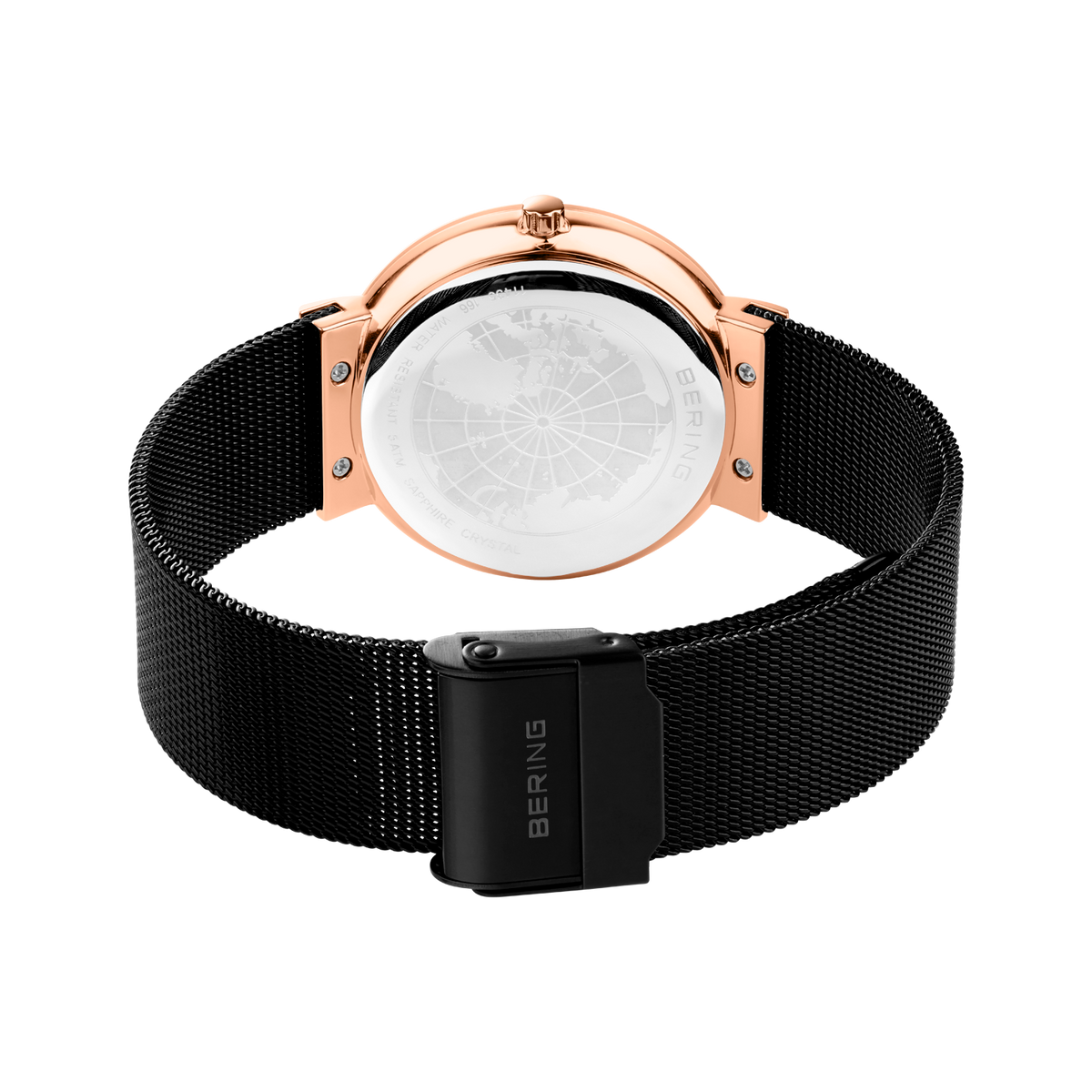 Orologio BERING visto da dietro con cassa oro rosa e cinturino mesh nero