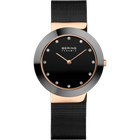 Orologio BERING con cassa tonda grigia, quadrante nero con marcatori orari, lancette dorate e cinturino maglia nero.