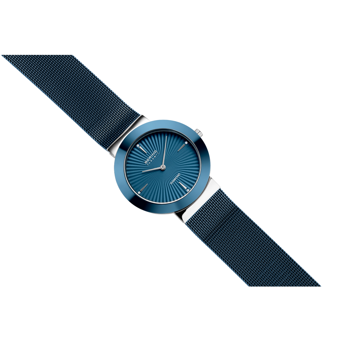 Orologio BERING con quadrante turchese, indici dorati e cinturino blu scuro strutturato, in angolo diagonale