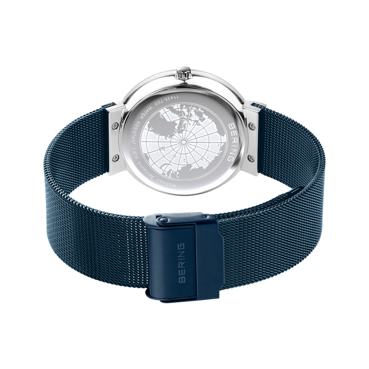 Orologio visto da dietro con cinturino in maglia metallica blu scuro e cassa argentata.