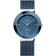 Orologio da polso blu con quadrante rotondo e cinturino mesh metallo scuro, vista frontale.