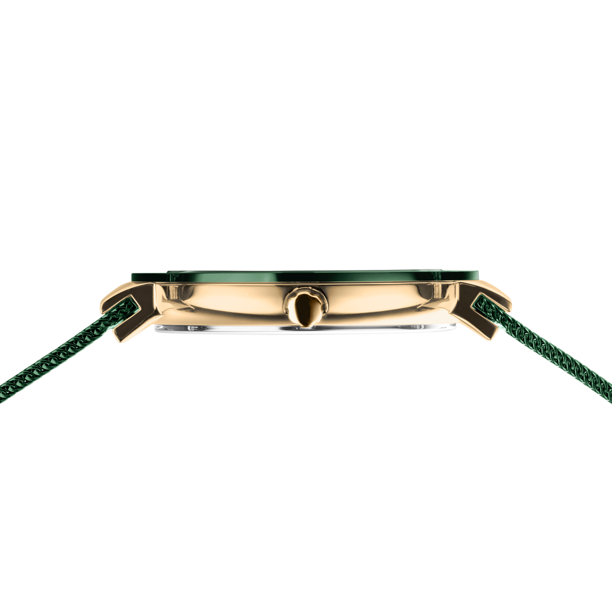 Orologio BERING modello 11435-338 visto di profilo, cassa rettangolare dorata e cinturino in tessuto verde scuro.