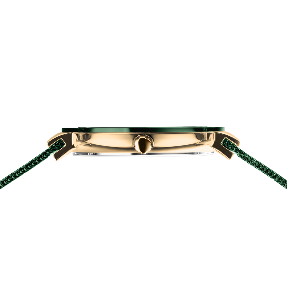 Orologio BERING modello 11435-338 visto di profilo, cassa rettangolare dorata e cinturino in tessuto verde scuro.