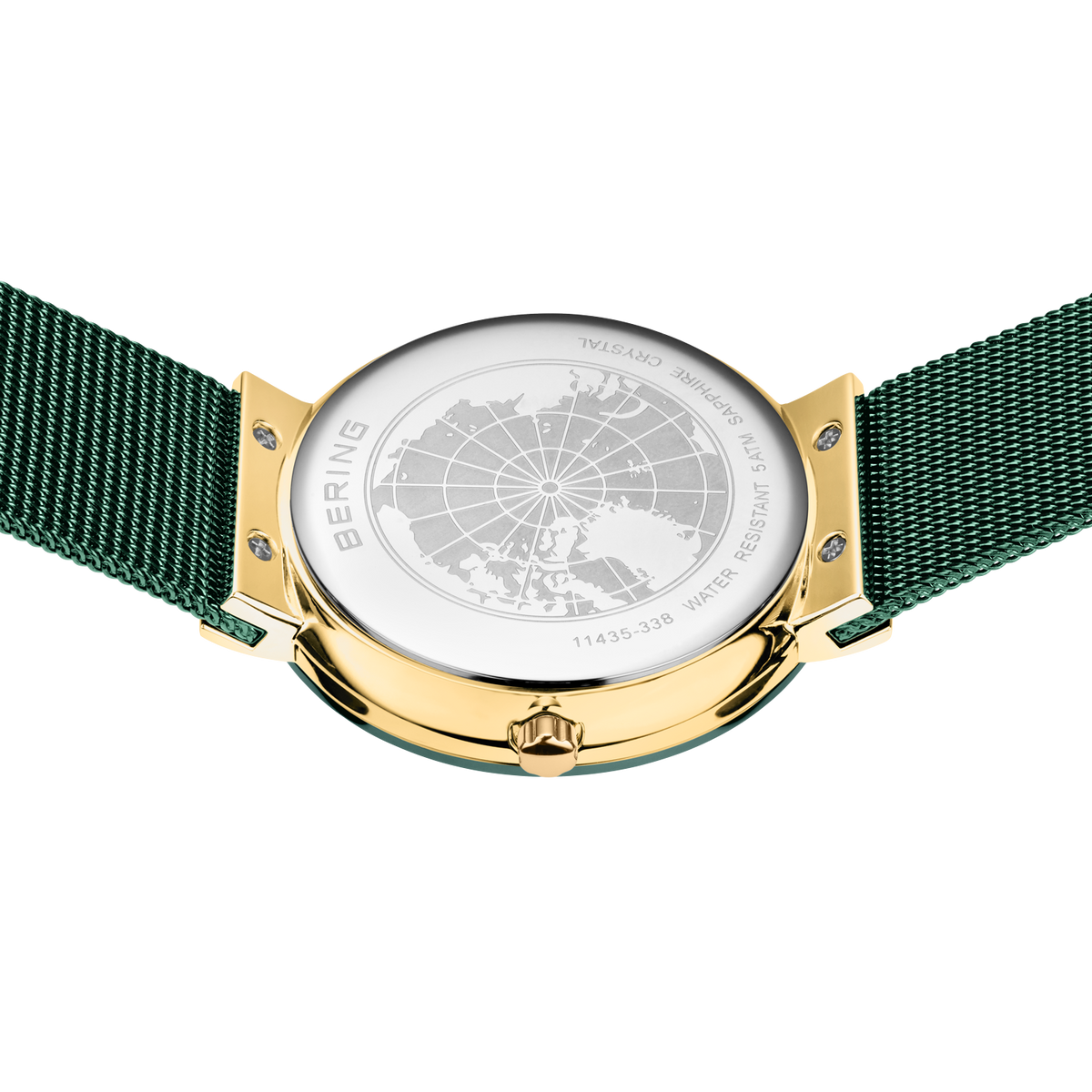 Orologio visto dall'alto con quadrante bianco, disegno mappa mondiale, cassa dorata e cinturino mesh verde