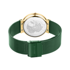 Orologio visto da dietro: quadrante bianco con planisfero, cassa color oro, cinturino maglia verde