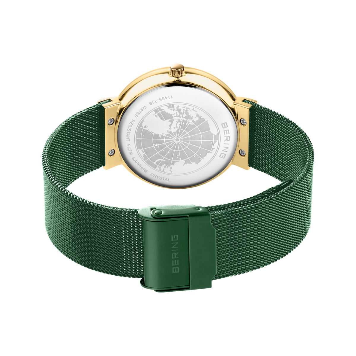 Orologio visto da dietro: quadrante bianco con planisfero, cassa color oro, cinturino maglia verde