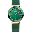 BERING watch with green round dial, gold bezel and accents, matching mesh strap