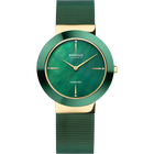 Orologio BERING con quadrante verde rotondo, bezel dorato e cinturino mesh