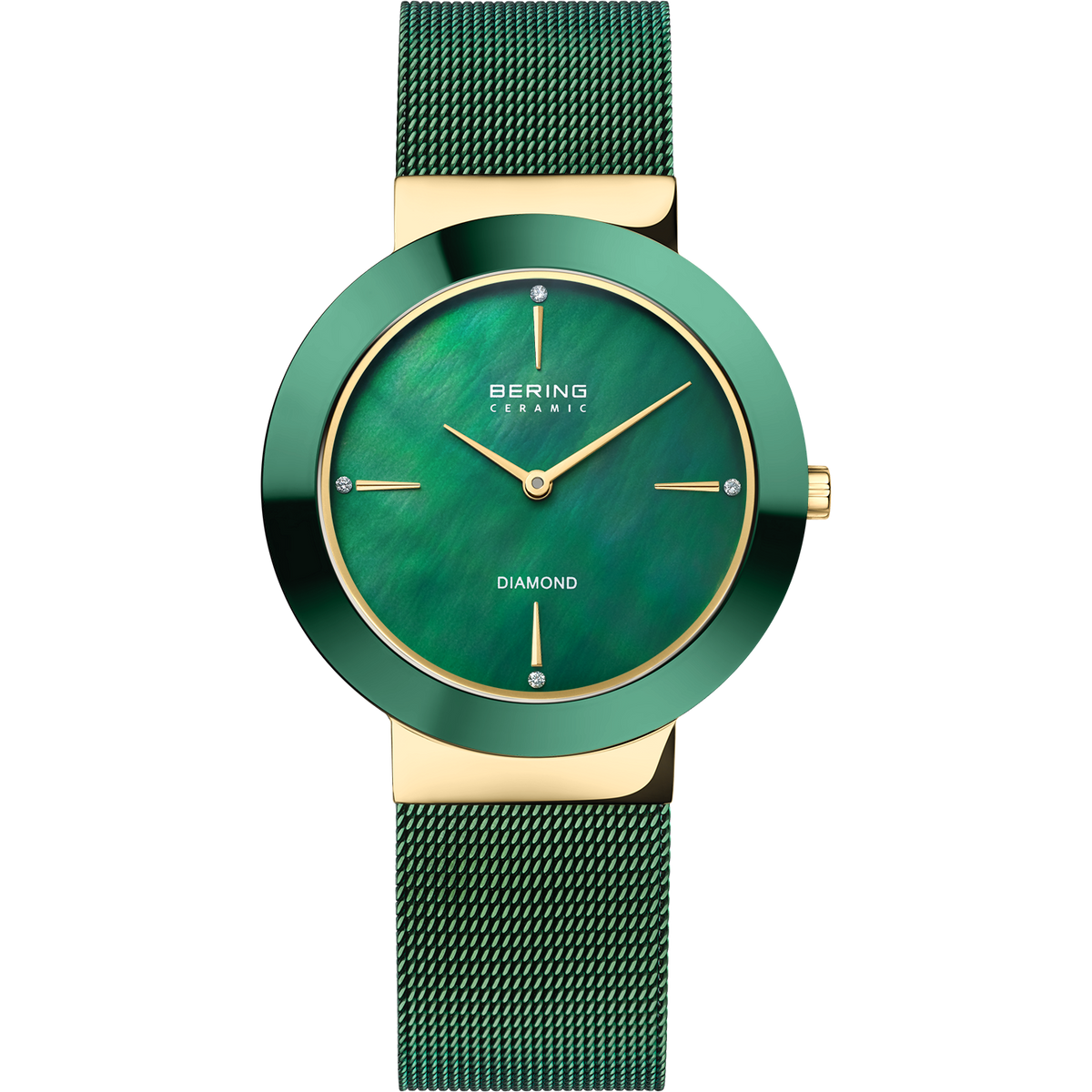 BERING ur med grøn rund urskive, guldtonede bezel og matchende metalarmband