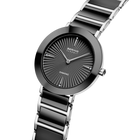 Orologio da polso con quadrante nero e cinturino in acciaio argentato, vista angolare del quadrante e profilo.