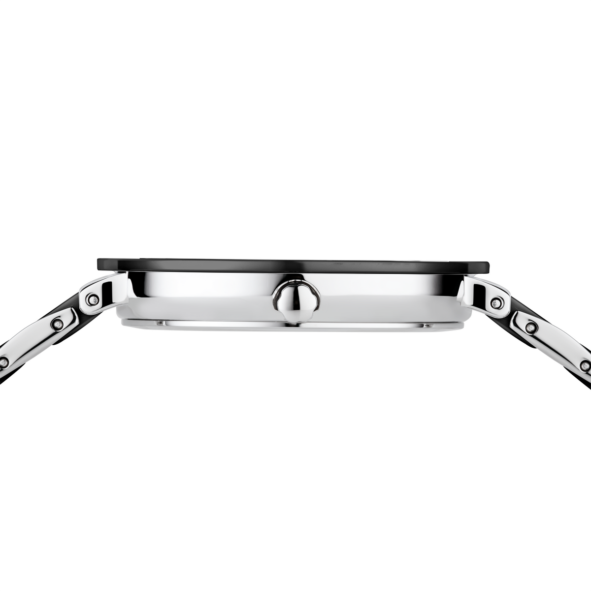 Cassa rettangolare con lunetta chiara e quadrante scuro, doppi bracciali a maglie metalliche laterali