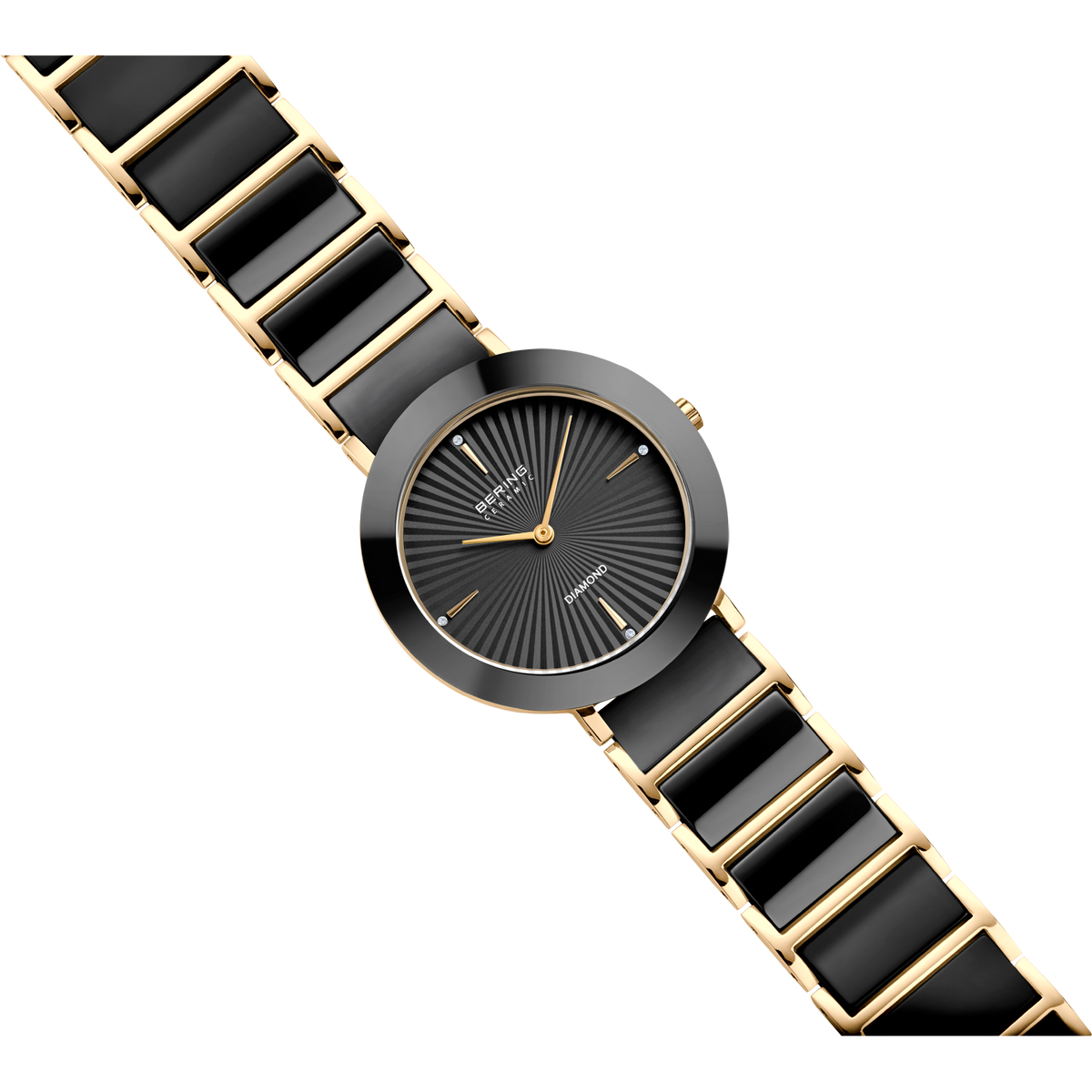 Orologio BERING: cassa rotonda, quadrante nero con lancette dorate, cinturino nero e oro rigato, in diagonale.