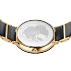 Orologio color oro con cinturino nero e quadrante bianco con design a mappa mondiale, vista dall'alto