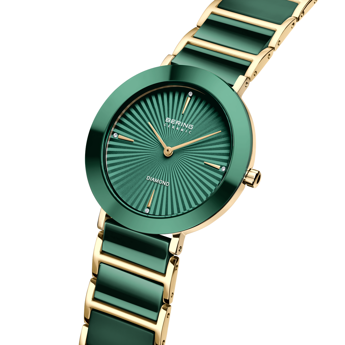 Orologio BERING con quadrante teal e motivo a linee radiali, cassa teal e cinturino con maglie alternate teal e color oro